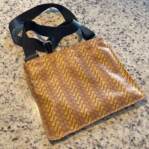 Michele & Yvett Oil Cloth Crossbody Bag Medium Size Orange‎ Tan Gold Tones - Picture 6 of 8